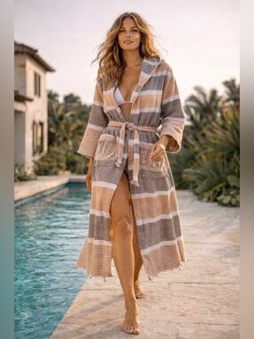 Boho Turkish Cotton Hooded Towel Robe | Earth Tones Beach Pool Spa Cover Up